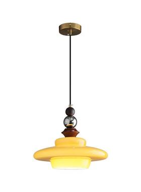 中古实木餐厅吊灯简约复古风奶油橙色玻璃灯罩餐桌灯具