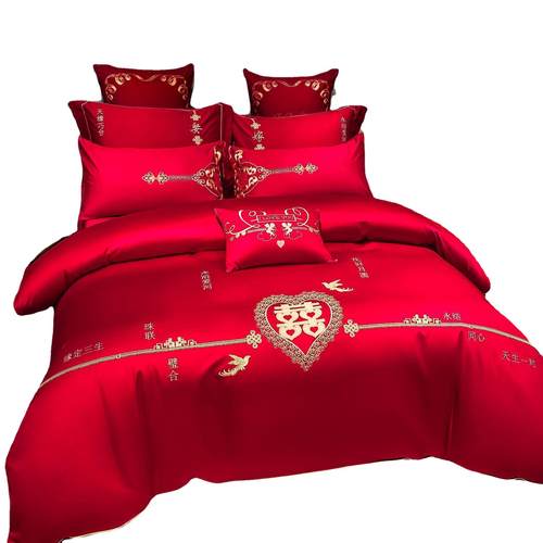 长绒棉四件套100全棉婚庆刺绣欧式轻奢风简约床单被套床上用品