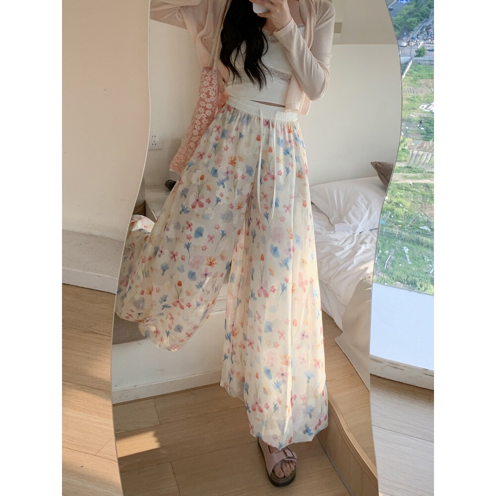 韩版甜美温柔彩色花苞裙裤女夏季气质减龄高腰百搭少女感阔腿裤子