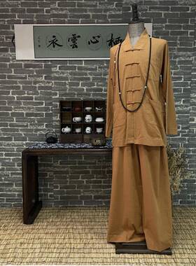 新款栖心僧服夏季薄款土黄色100%纯棉藏蓝色短褂套装砖红色僧服和