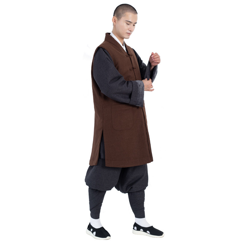 新缎梵僧服加绒马甲伽蓝褂秋冬季保暖僧衣和尚服加厚款僧侣马夹男
