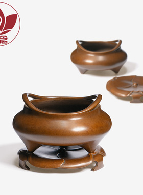 庆松堂苏工铜炉名家胡庆松制三足桥耳套炉手工紫铜炉香道禅意薰香