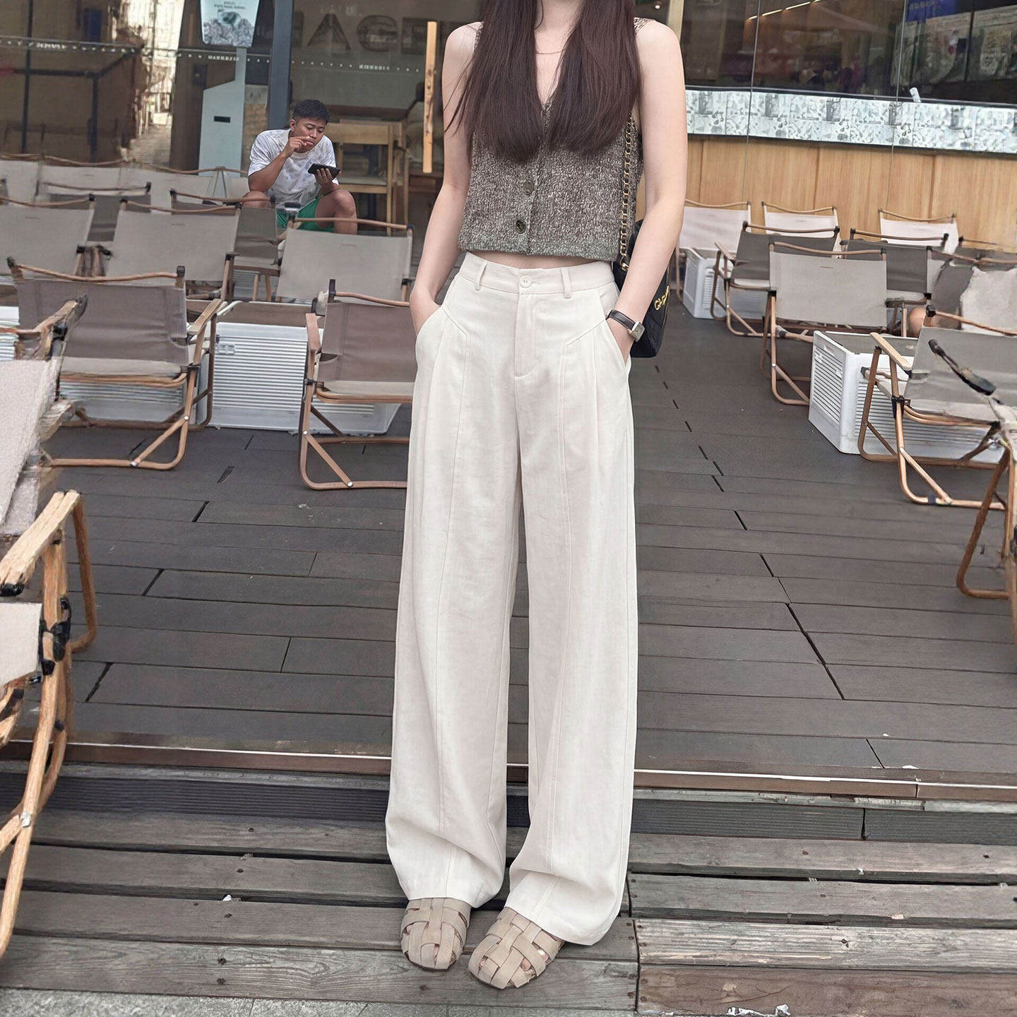 白色亚麻西装裤女夏薄款2026新款老钱风垂感休闲直筒棉麻阔腿裤子