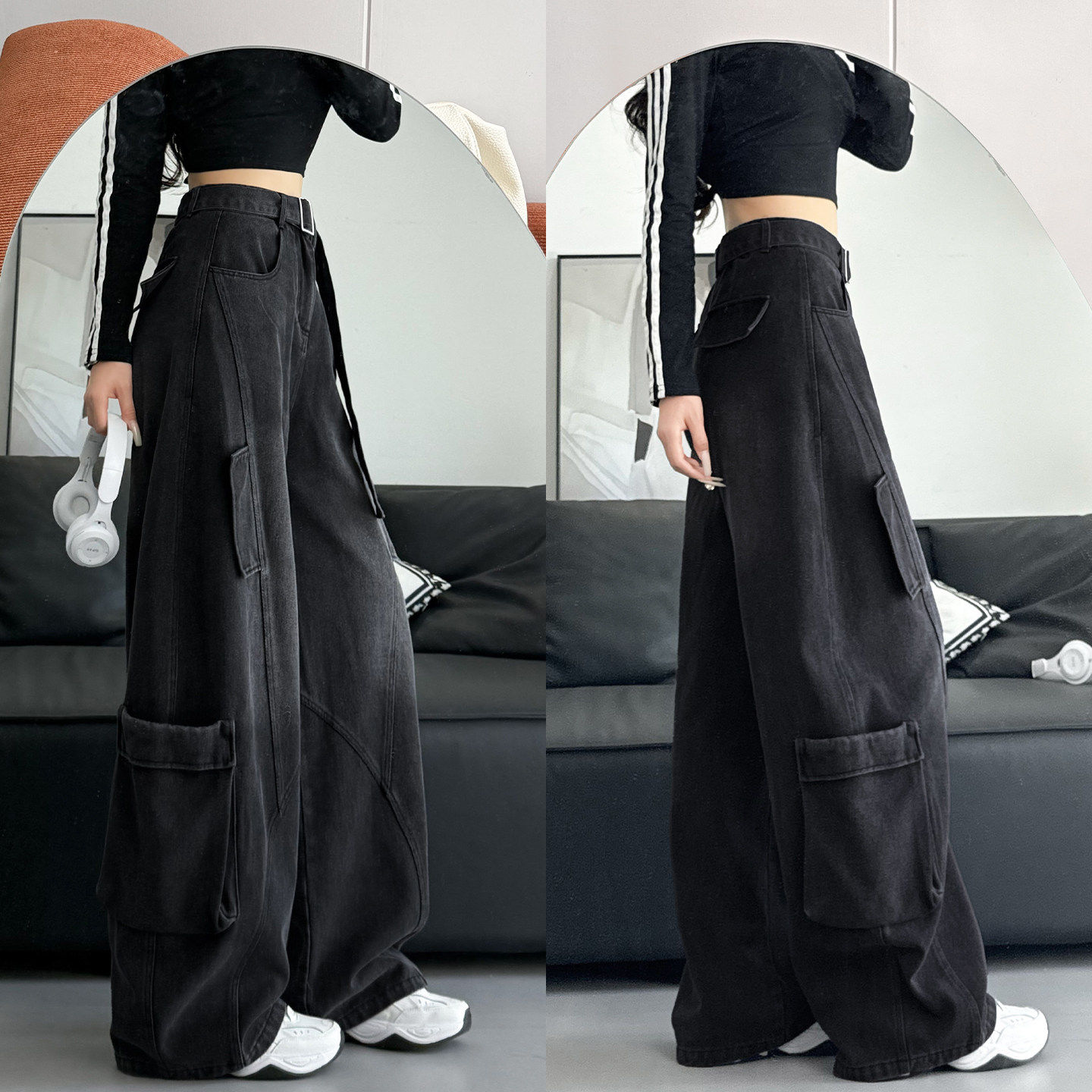 美式工装牛仔裤子女2026新款春秋小个子酷飒风显瘦黑色弯刀阔腿裤