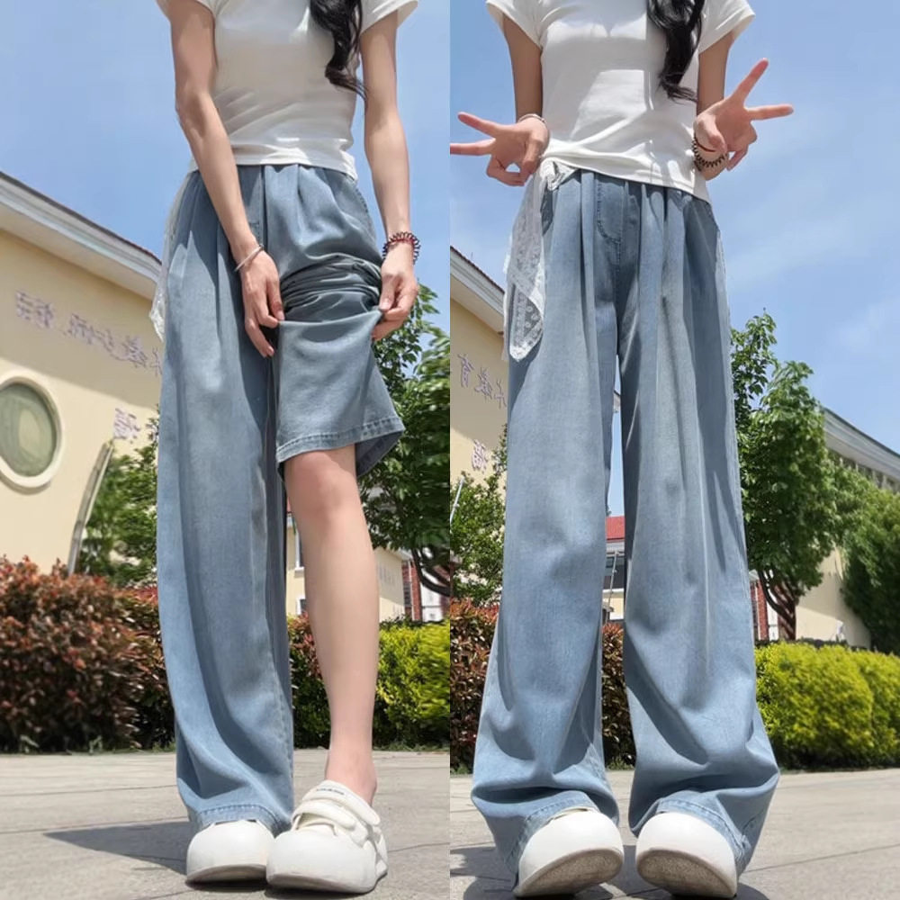 天丝牛仔裤子女夏薄款2026新款直筒宽松小个子高腰垂感慵懒阔腿裤