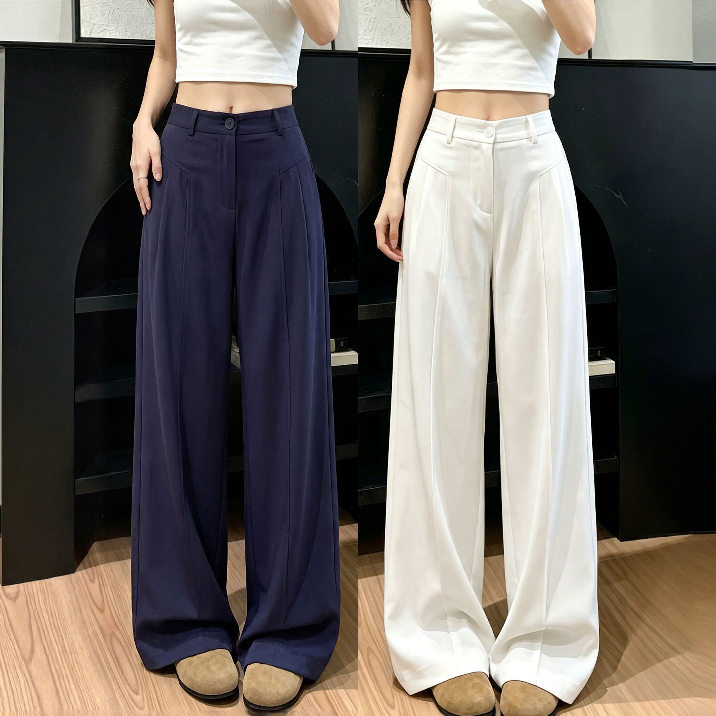 白色亚麻阔腿裤女2026新款夏季薄款高腰垂坠感老钱风直筒西装裤子