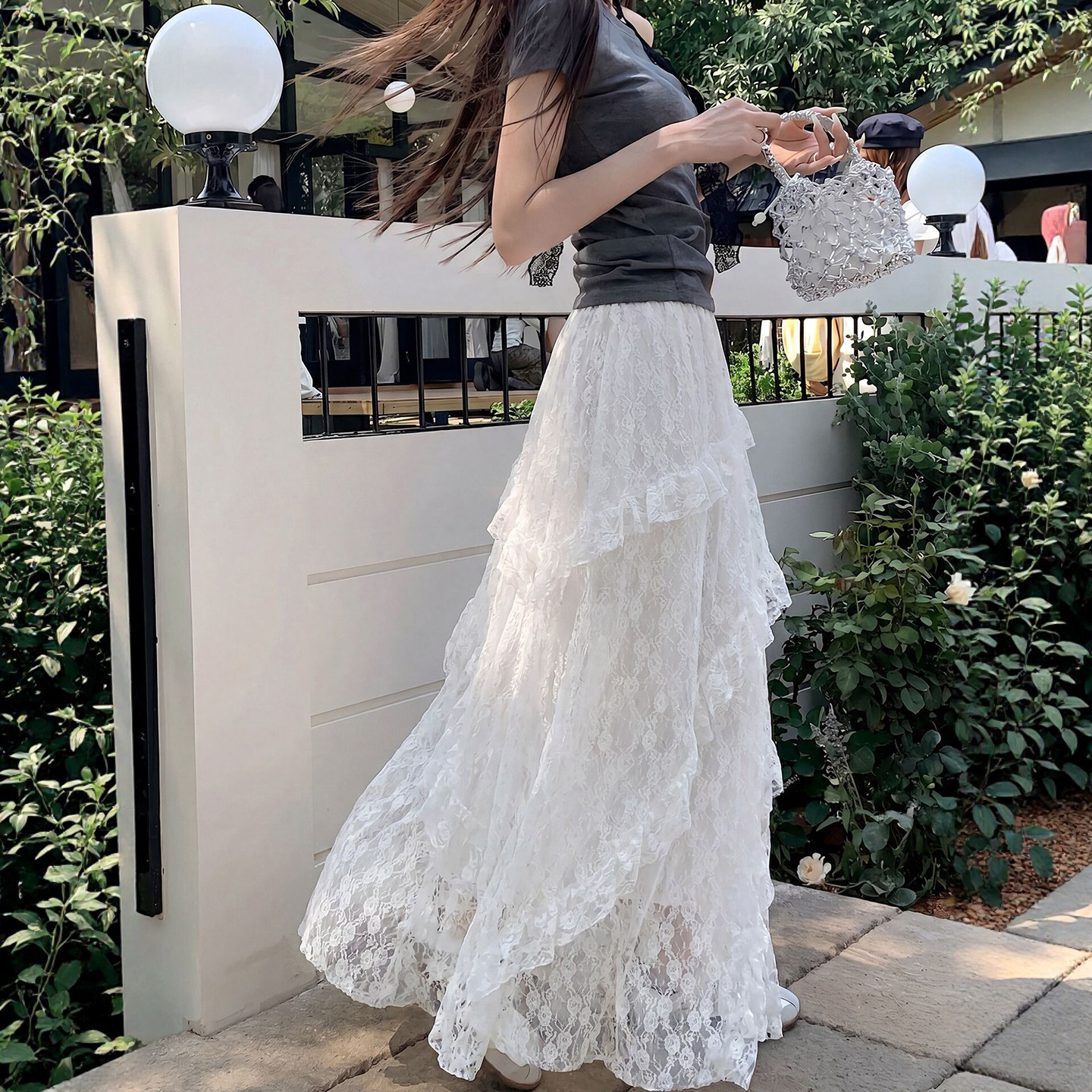 白色蕾丝蛋糕裙女夏2026新款a字大码胖mm半裙不规则半身裙子长裙