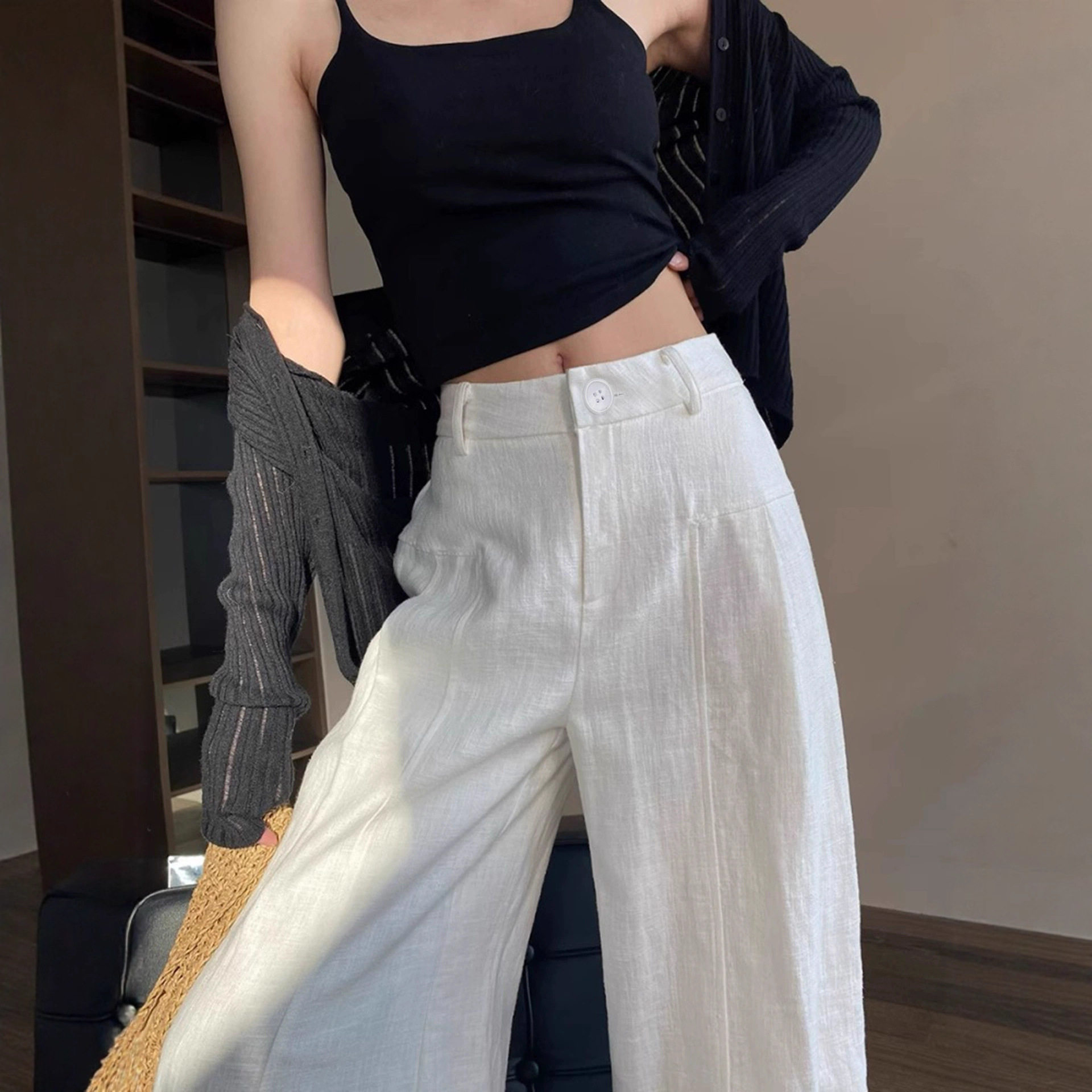 白色亚麻裤子女2026新款垂感老钱风夏季小个子直筒棉麻西装休闲裤