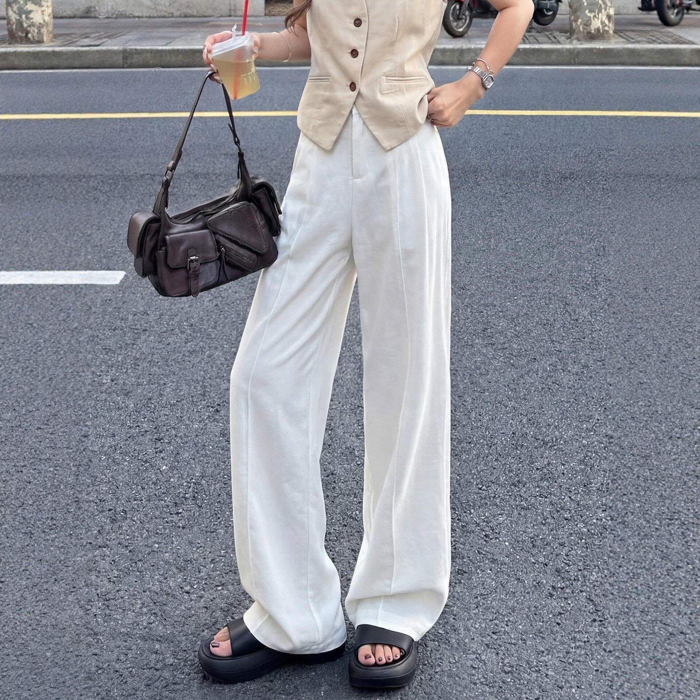 白色亚麻阔腿裤女夏薄款2026新款垂感老钱风小个子休闲直筒西装裤