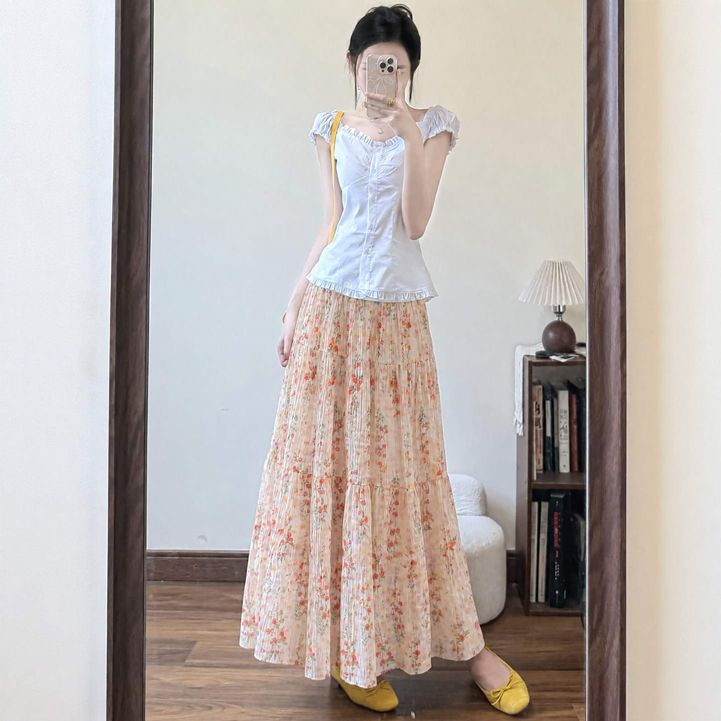 粉色雪纺碎花半身裙女夏2026新款高腰a字伞裙韩系温柔风蛋糕长裙