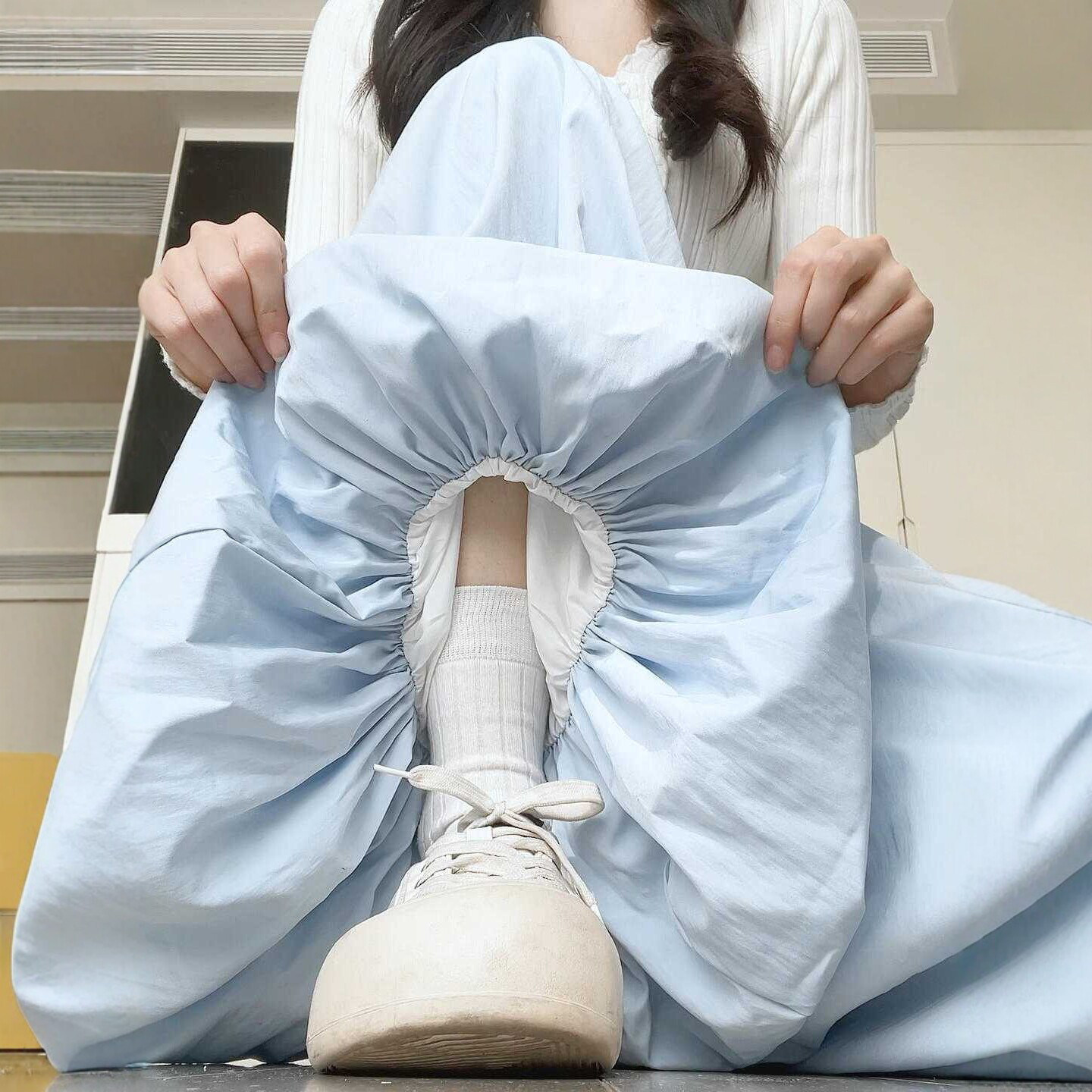 蓝色花苞百褶裙裤女春季2026新款小个子a字半身裙宽松休闲阔腿裤