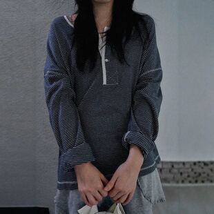 2026新款外贸日单圆领条纹长袖T恤女宽松显瘦休闲百搭上衣U2623