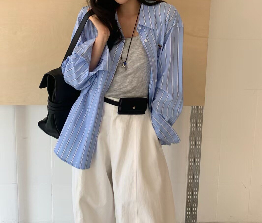 2026新款外贸单翻领刺绣条纹衬衫女宽松显瘦休闲百搭上衣Zn85068