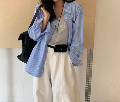 2026新款外贸单翻领刺绣条纹衬衫女宽松显瘦休闲百搭上衣Zn85068