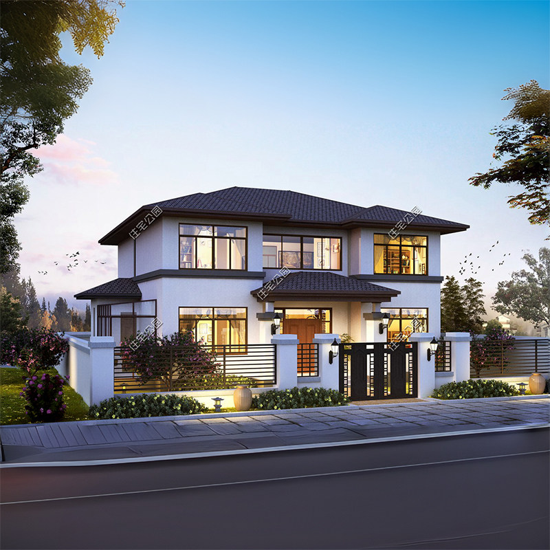 zj-559住宅公园农村自建房图纸设计 二层现代别墅效果图