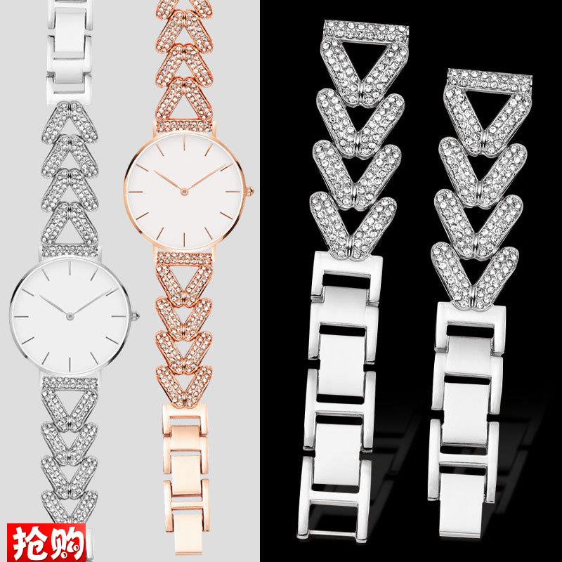 珠宝扣表带女款钢带适配DW手表带丹C尼尔惠灵顿金属镶钻银表链14m