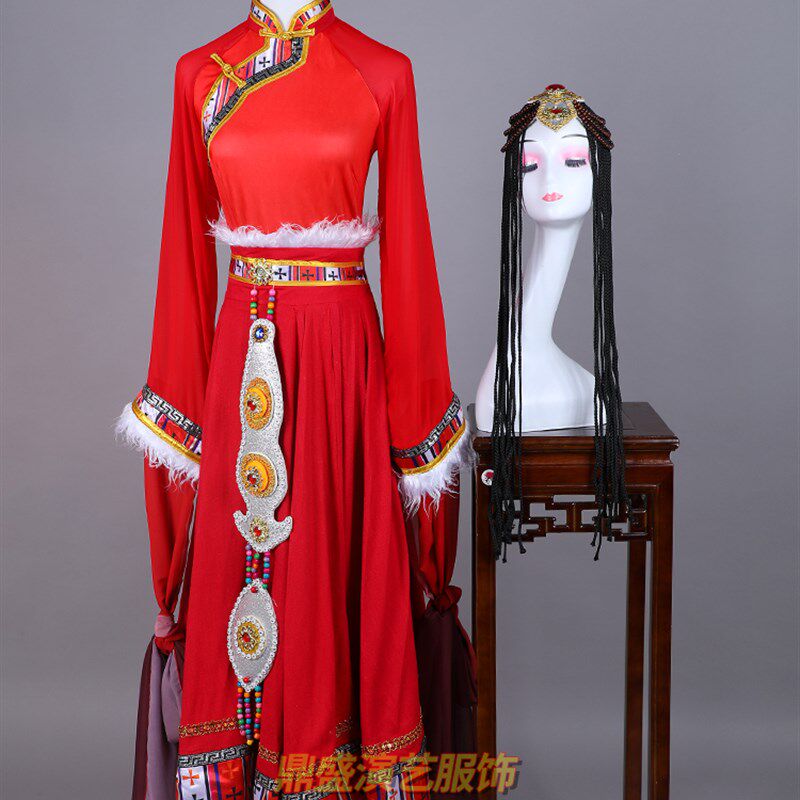 少数民族藏族舞蹈服装心声舞w服桃李杯水袖舞红色舞台演出服大摆