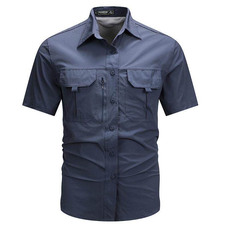 夏季户外休闲多口袋工装短袖衬衫户外透气薄款衬衣冰丝弹力速干男