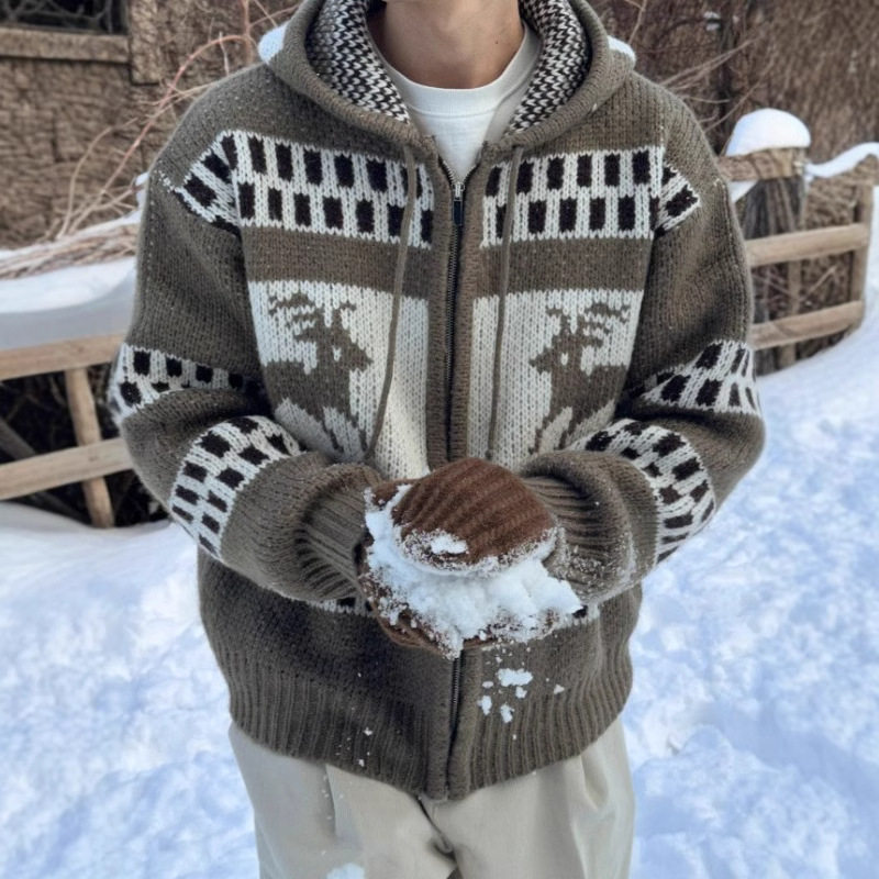 美式复古圣诞毛衣男连帽冬费尔岛提花圣诞拉链慵懒风开衫针织外套