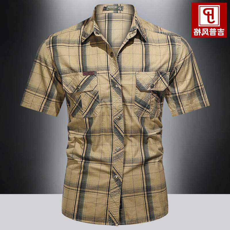 2026夏季新款大码棉短袖衬衫男装中青年宽松休闲薄款格子衬衣男