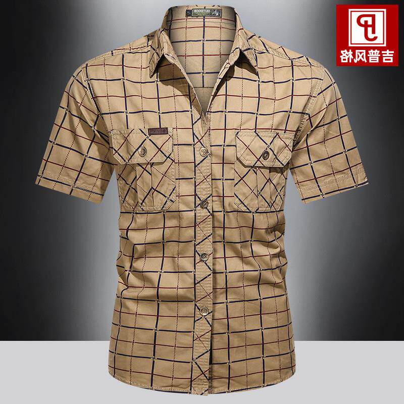 2026新款格子短袖衬衫男士夏季棉多口袋军旅工装寸衣半袖衬衣潮