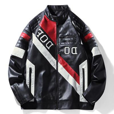 新款跨境欧码立领男士皮衣拼接刺绣男皮夹克机车服赛车服摩托车