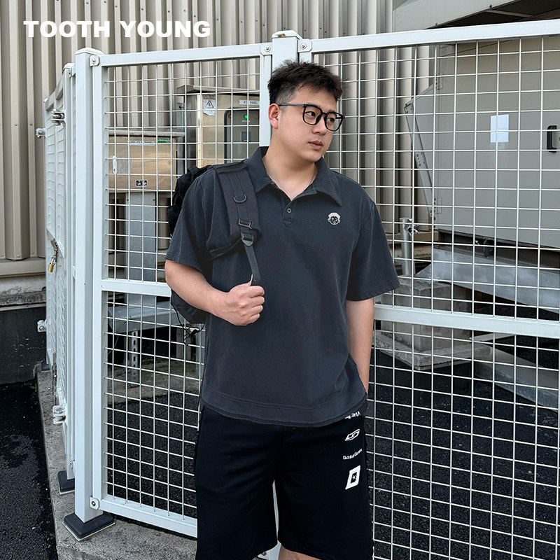 郑一爱穿搭大码男装【刺绣polo】夏季翻领做旧polo衫男透气短袖