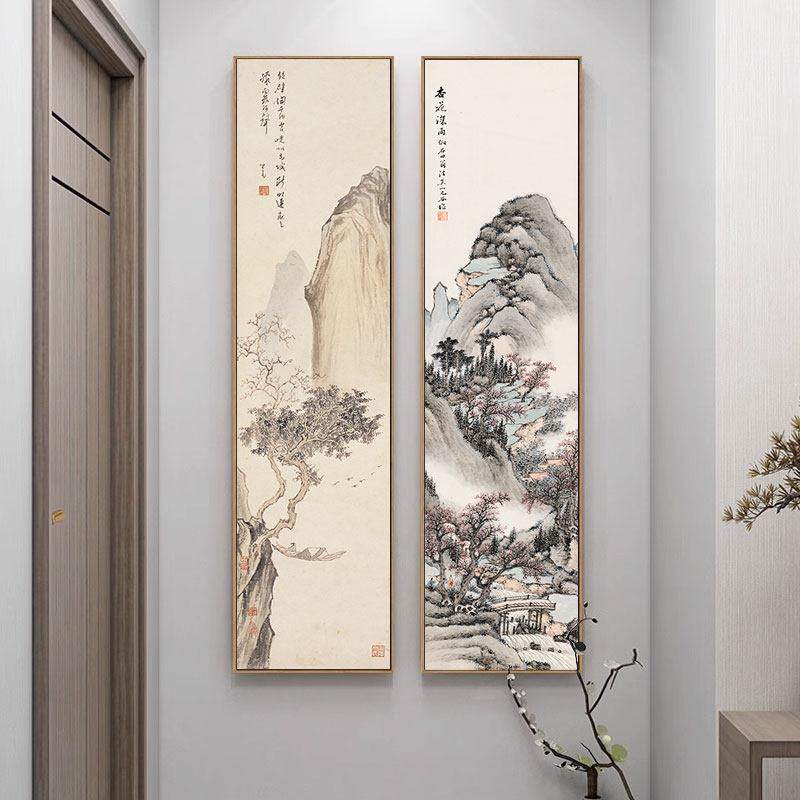 办公室山水字画客厅玄关挂画书法壁画书房茶室装饰画竖款简约有框