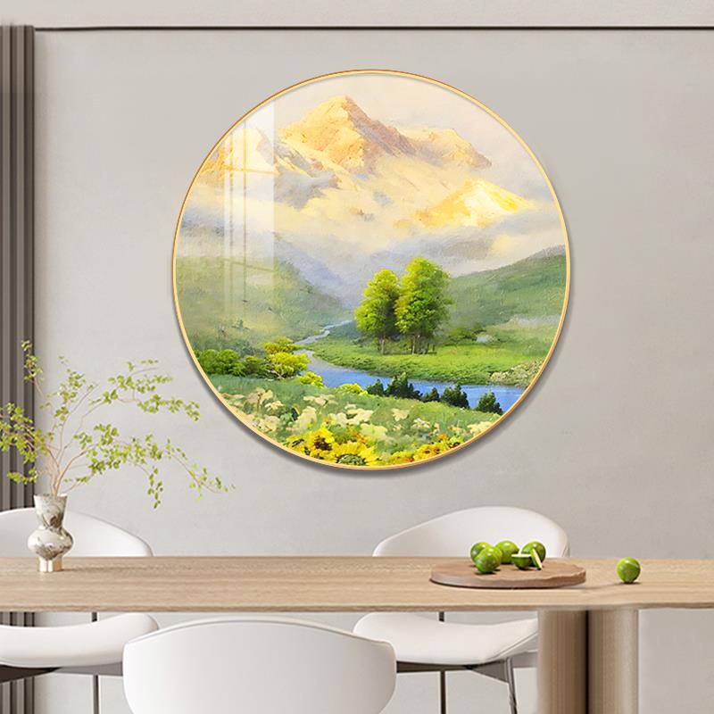 日照金山圆形入户玄关装饰画北欧餐厅风景山水画挂画走廊过道壁画图片
