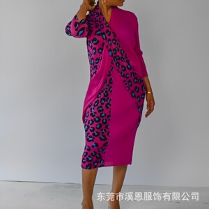 Miyaki dress三宅褶皱时尚高端V领豹纹拼接七分袖连衣裙大码修身