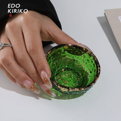中古江户硝子翡绿杯金箔清酒杯