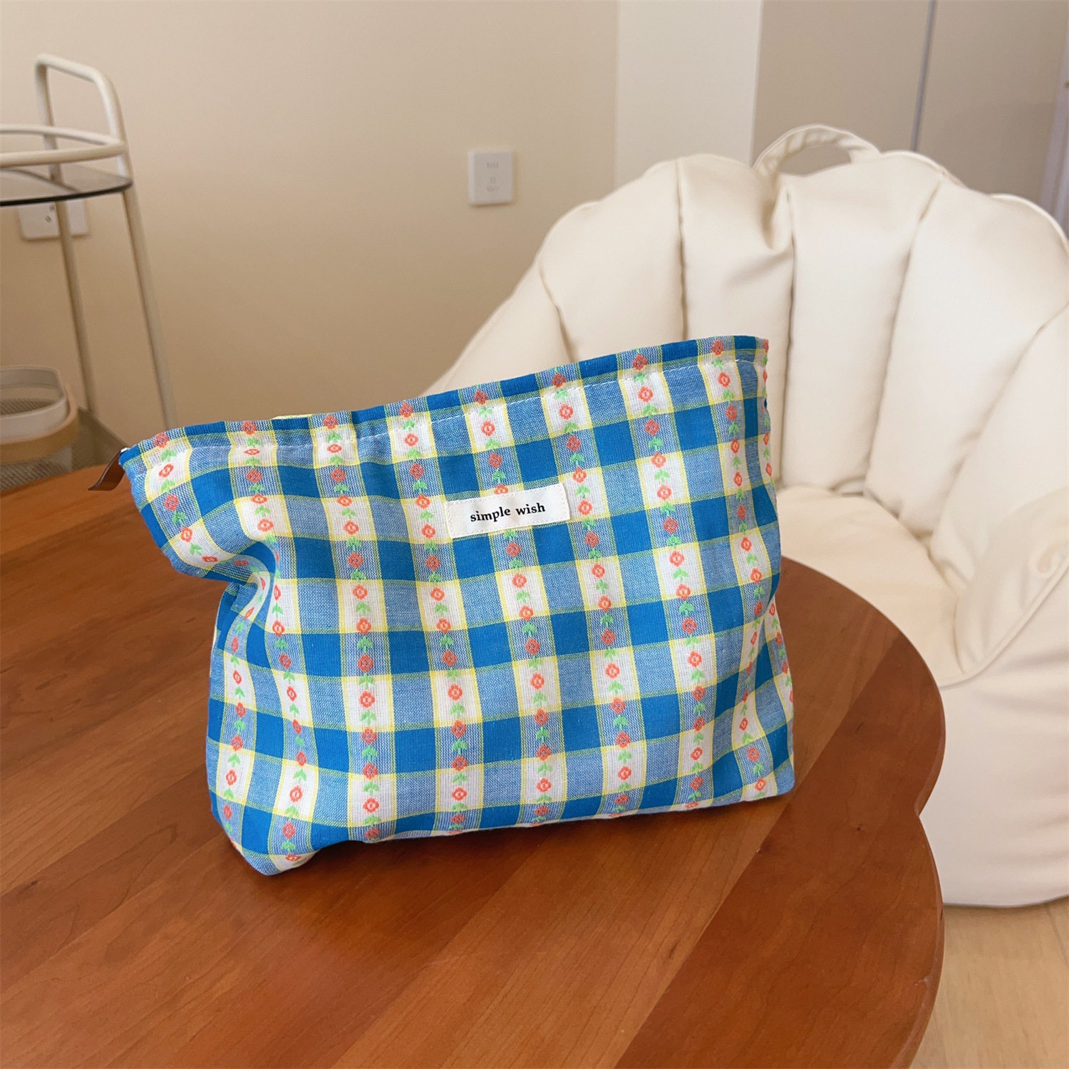 蓝白格小碎花布艺化妆包女大容量纯棉印花收纳袋便携式复古小方包,收纳整理,化妆包,淘宝优惠券,粉丝福利购,淘宝优惠卷