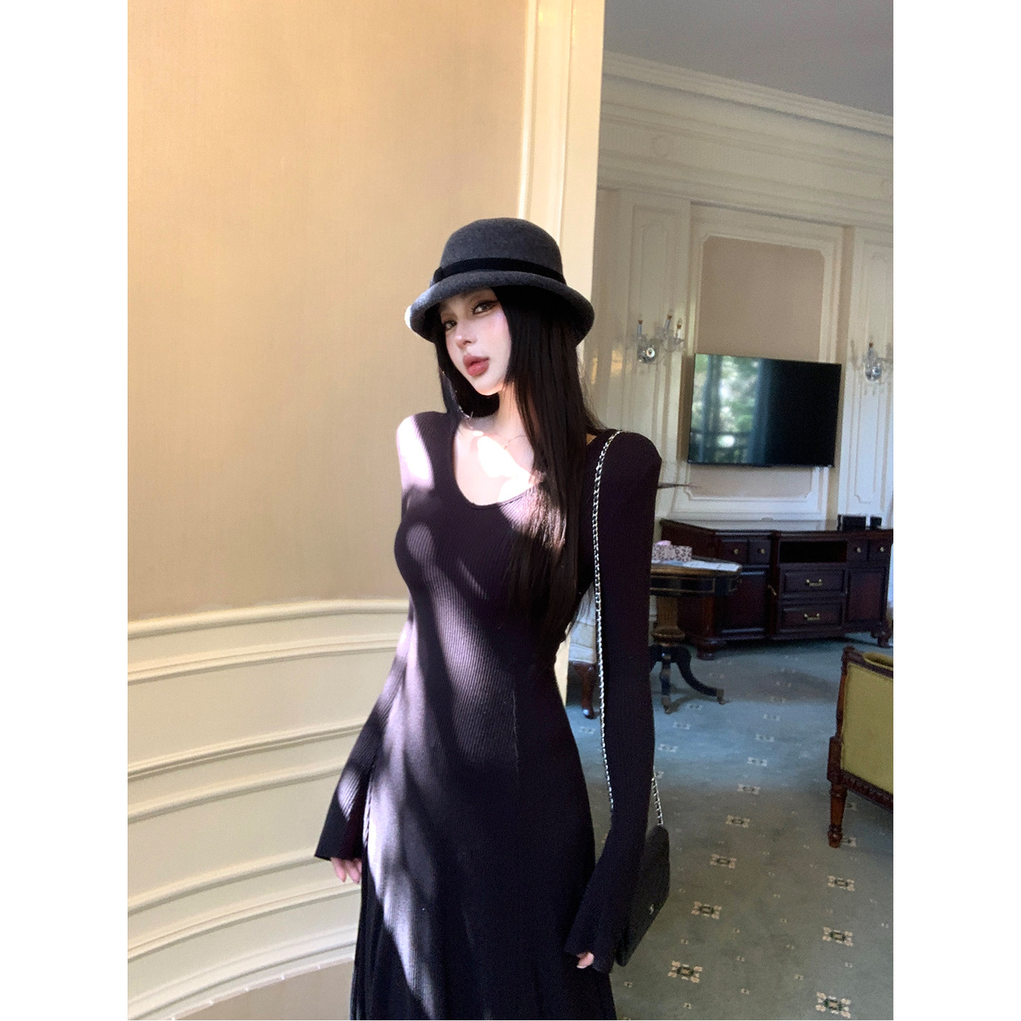 黑色草莓针织洋装女装春