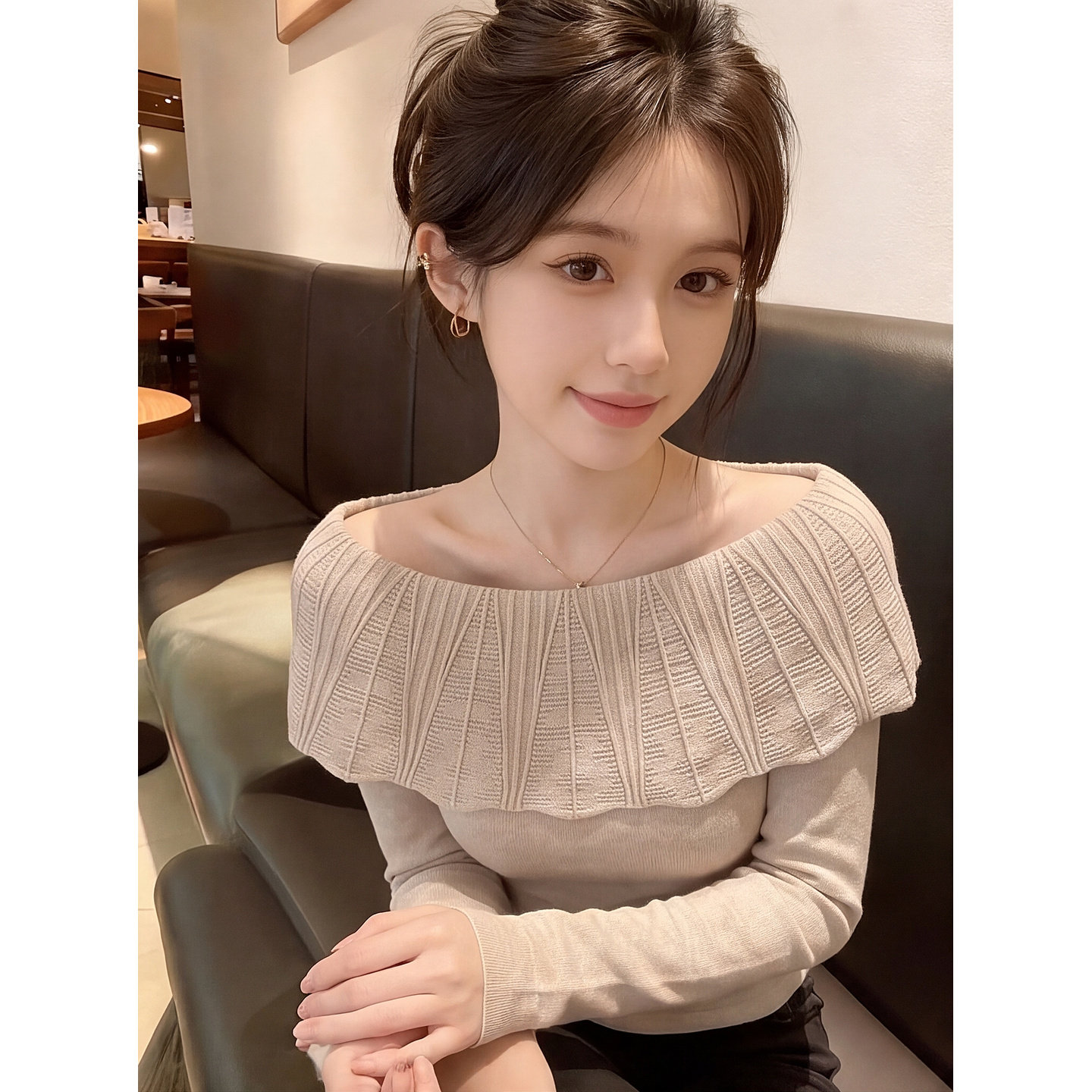 杏色一字领针织衫女秋季