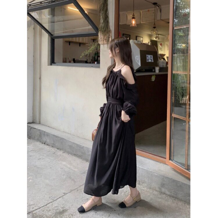 kumi温柔风杏色长袖洋装图片