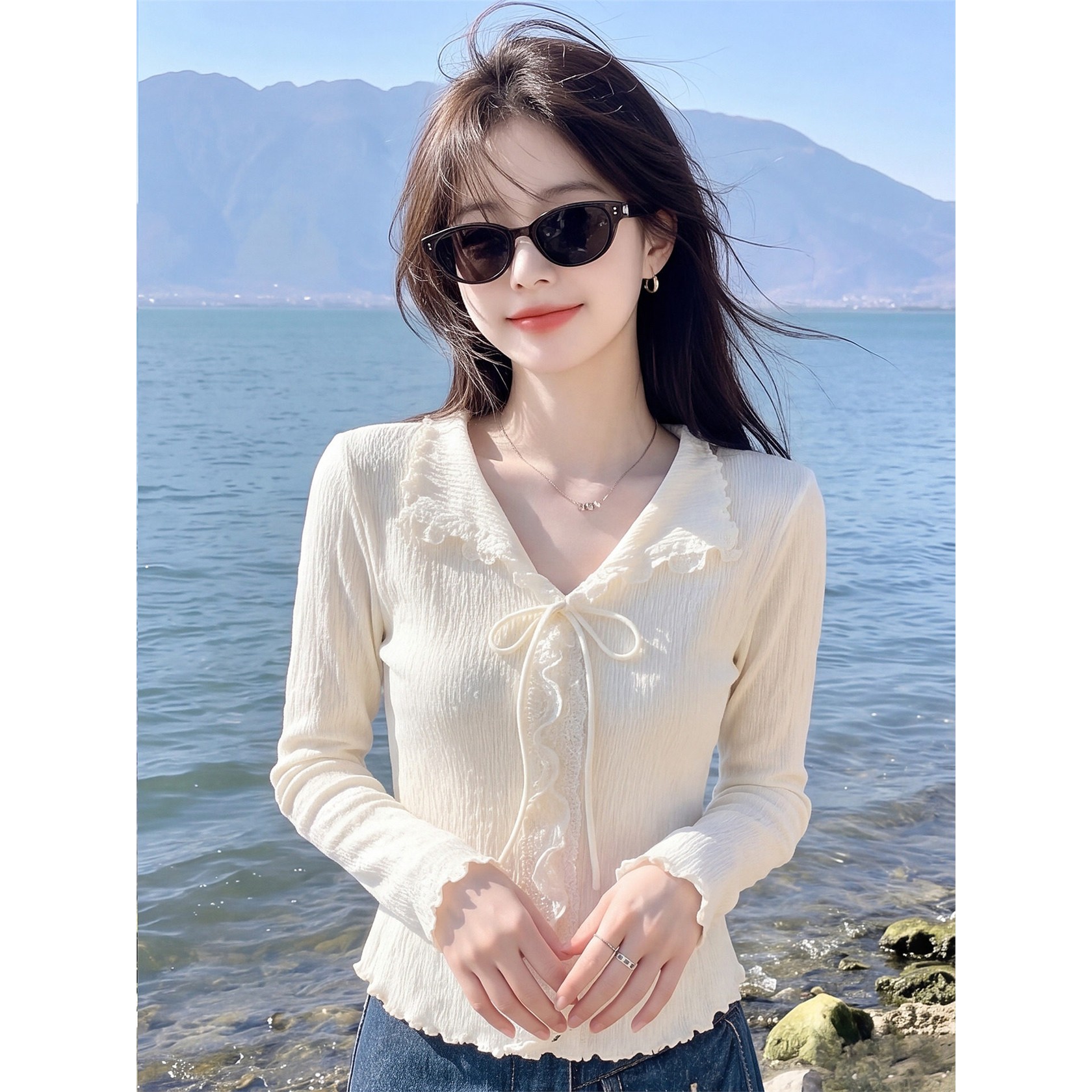 杏色法式翻领针织开衫女
