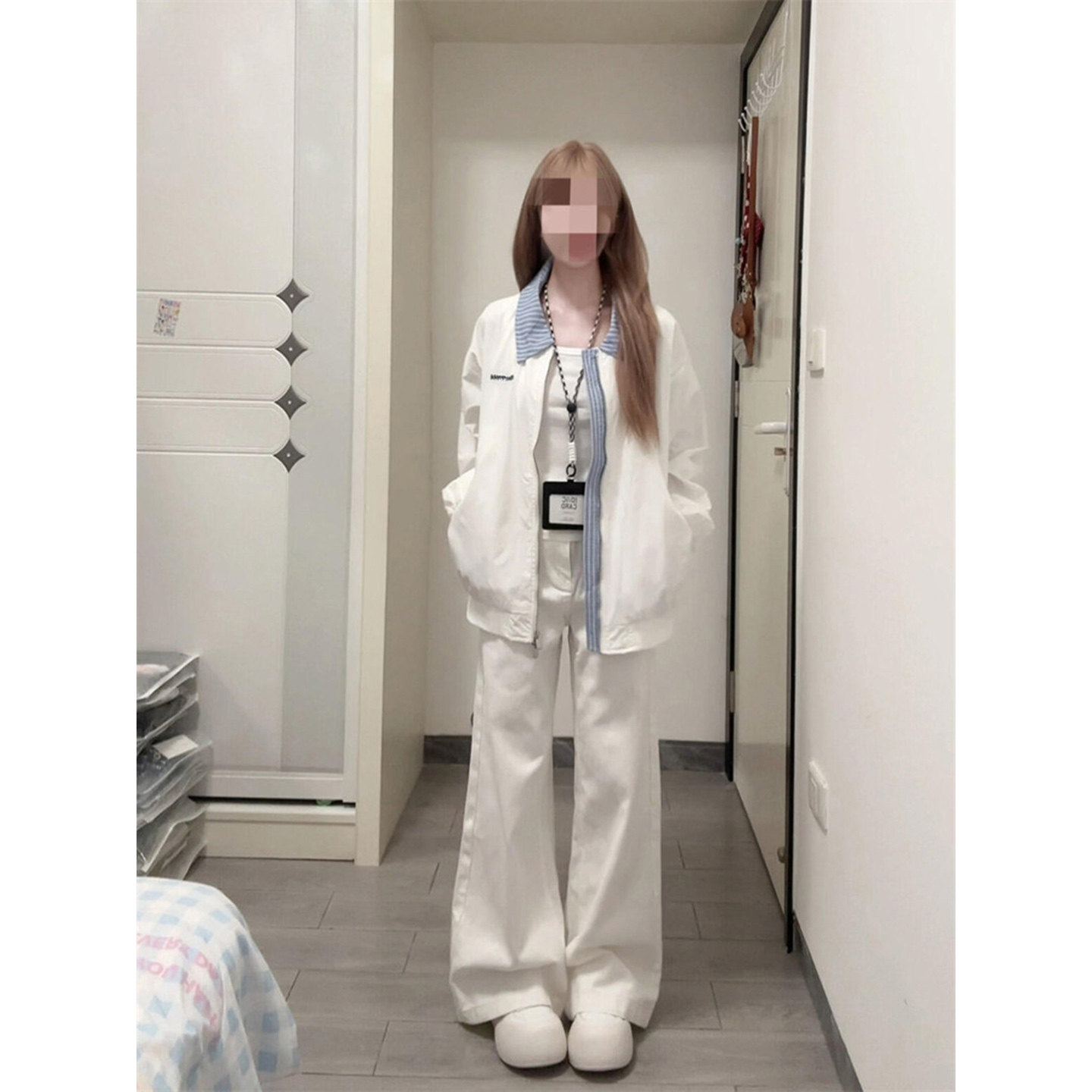 韩系复古绣花条纹假两件