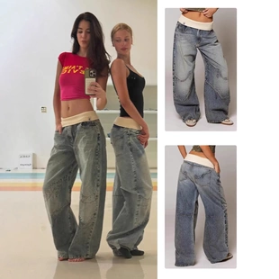 revice denim 螺纹腰头直筒牛仔裤 复古做旧洗水蓝阔腿裤重工刺绣