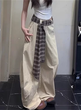卡其色弯刀裤女春秋季宽松百搭休闲裤拼接格子腰带松弛感阔腿裤子