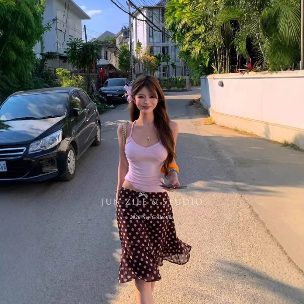 小个子绝美小套装泰兰德海岛度假穿搭修身小吊带背心波点半身裙女