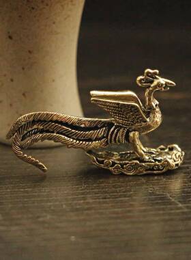 新款黄铜复古凤凰摆件祥云凤凰办公桌面装饰小摆件仿古做旧铜器