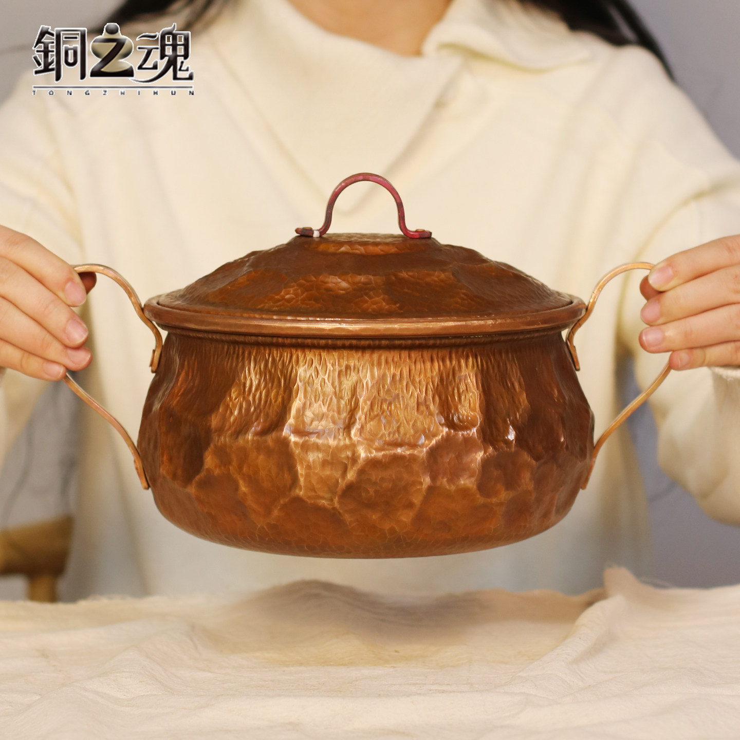凹面月耳铜锅紫铜烤黄汤锅加厚炖锅涮肉火锅大铜锅家用燃气电磁炉