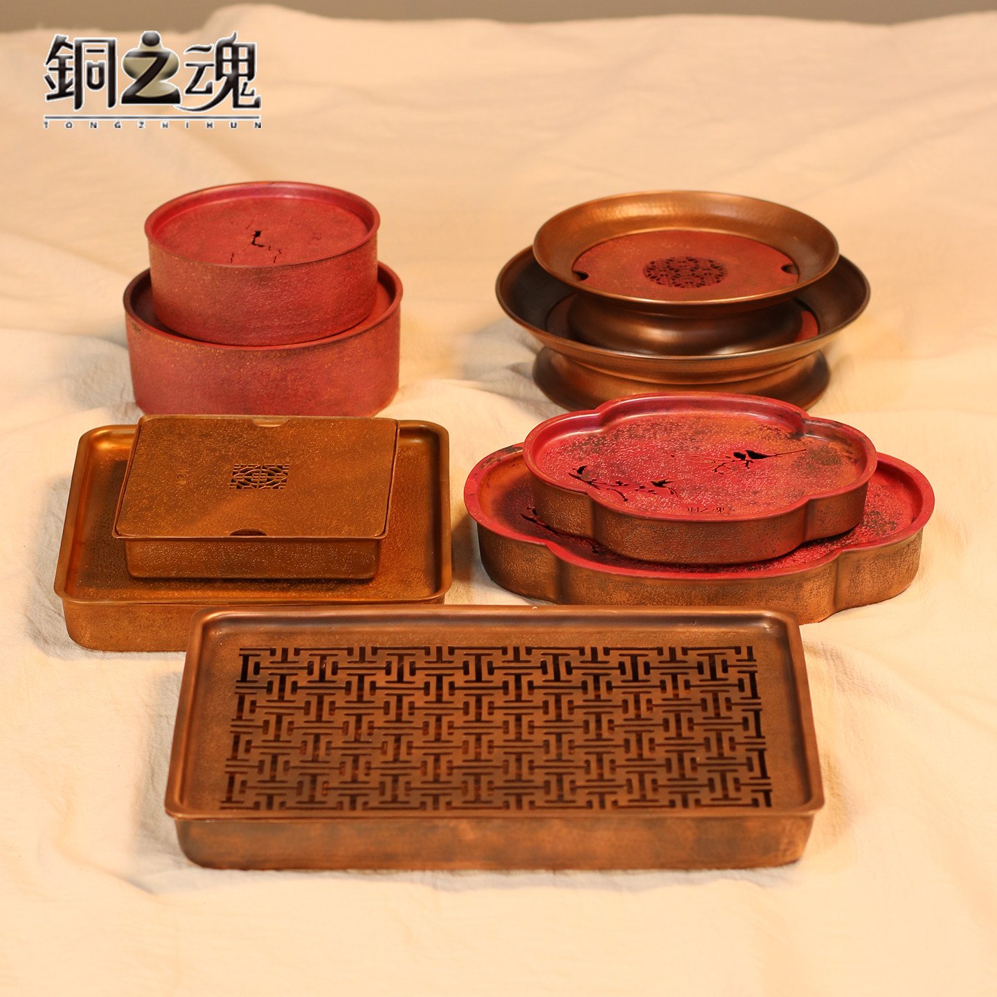 纯紫铜加厚茶盘干泡台壶承沥水茶海茶船苏式窗花大号茶台手工百搭