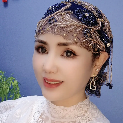 纯手工流苏帽子头巾包头帽遮白发鱼尾帽盖头女回时尚纱巾新款头套