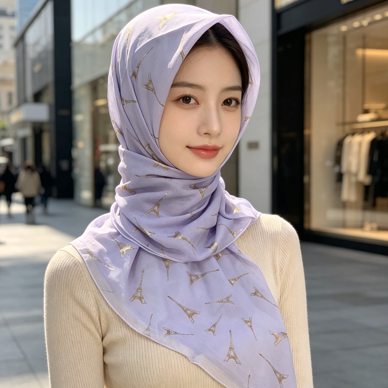 正方形方巾新款盖头女头巾巴厘纱印花烫金围巾110cm遮发时尚纱巾