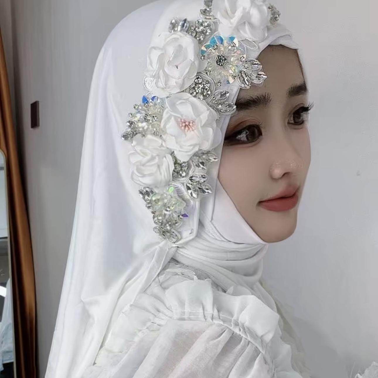 软帽檐头巾重工套头绕巾长巾包头帽新款时尚新娘结婚盖头纱巾头套