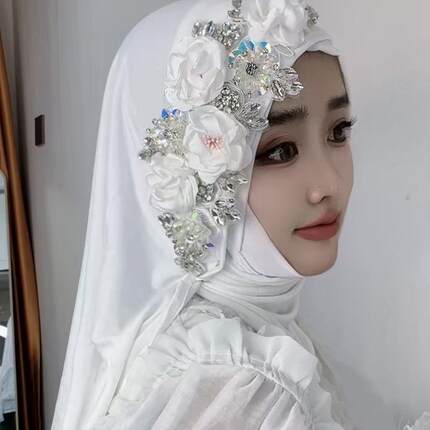 软帽檐头巾重工套头绕巾长巾包头帽新款时尚新娘结婚盖头纱巾头套