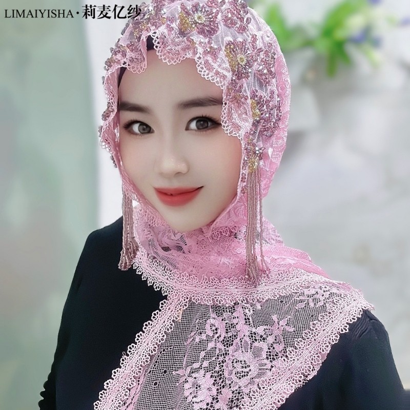 披肩帽子头巾包头帽女珍珠流苏帽子纱巾帽盖头蕾丝遮发帽方便头套