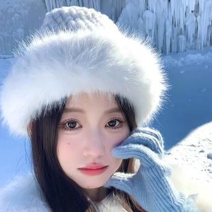 赵丽颖风吹半夏同款毛绒帽子女秋冬显脸小百搭加厚保暖盆帽大头围
