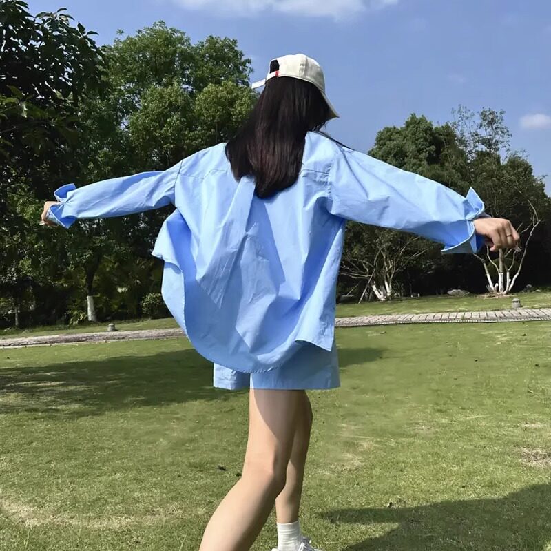 休闲长袖衬衫短裤套装女
